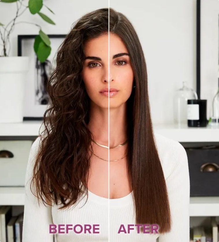Before and after picture of woman using the Bellissima Steam Elixir Hair Straightener