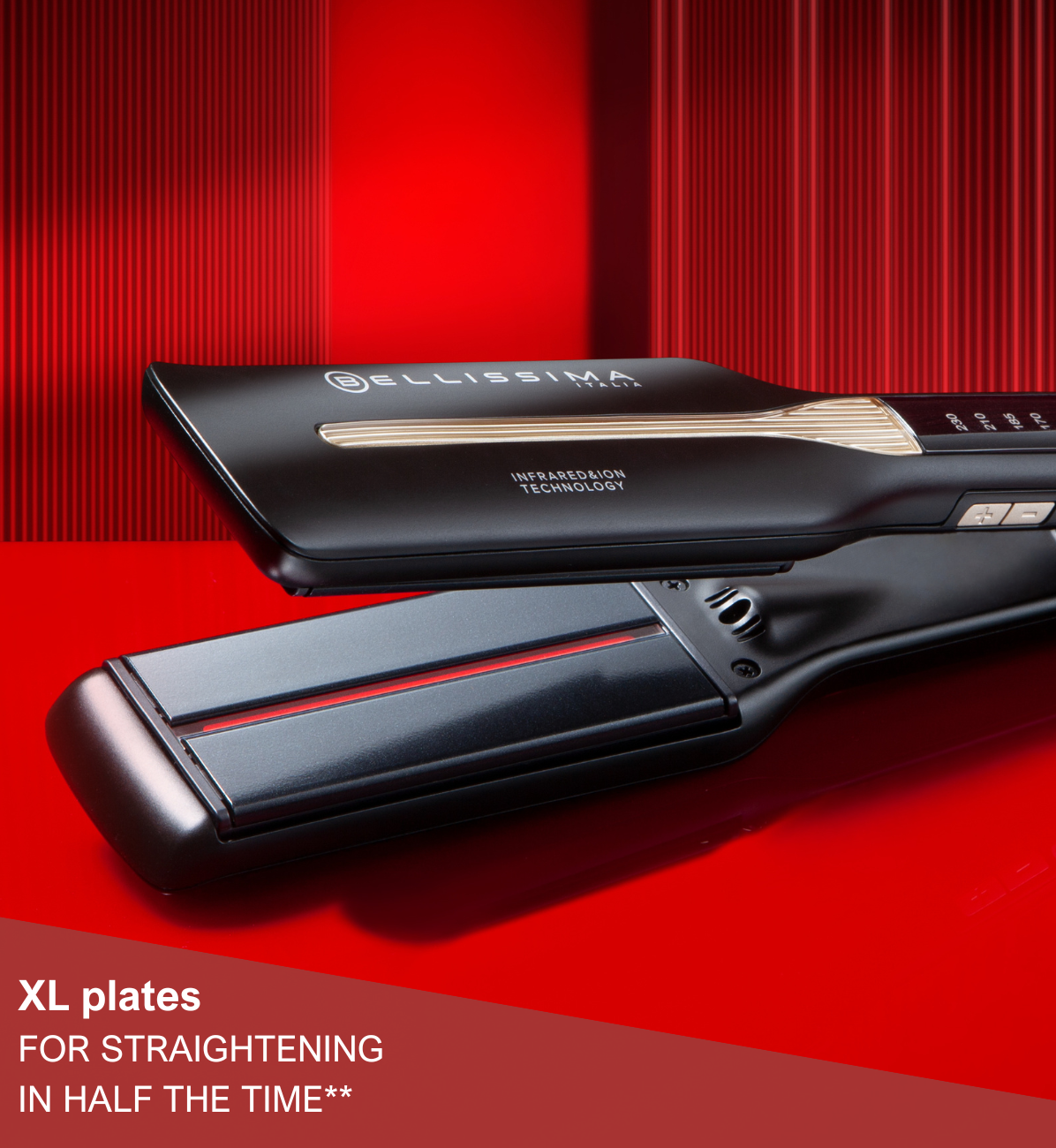 Close up image of the Bellissima Absolute hair straightener XL plates