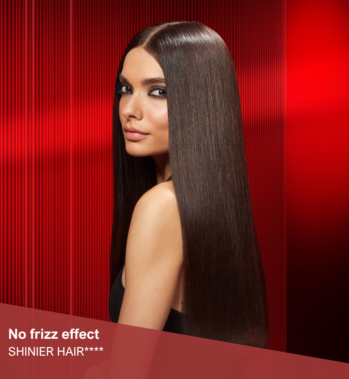 Model with straight hair with the no frizz effect caption
