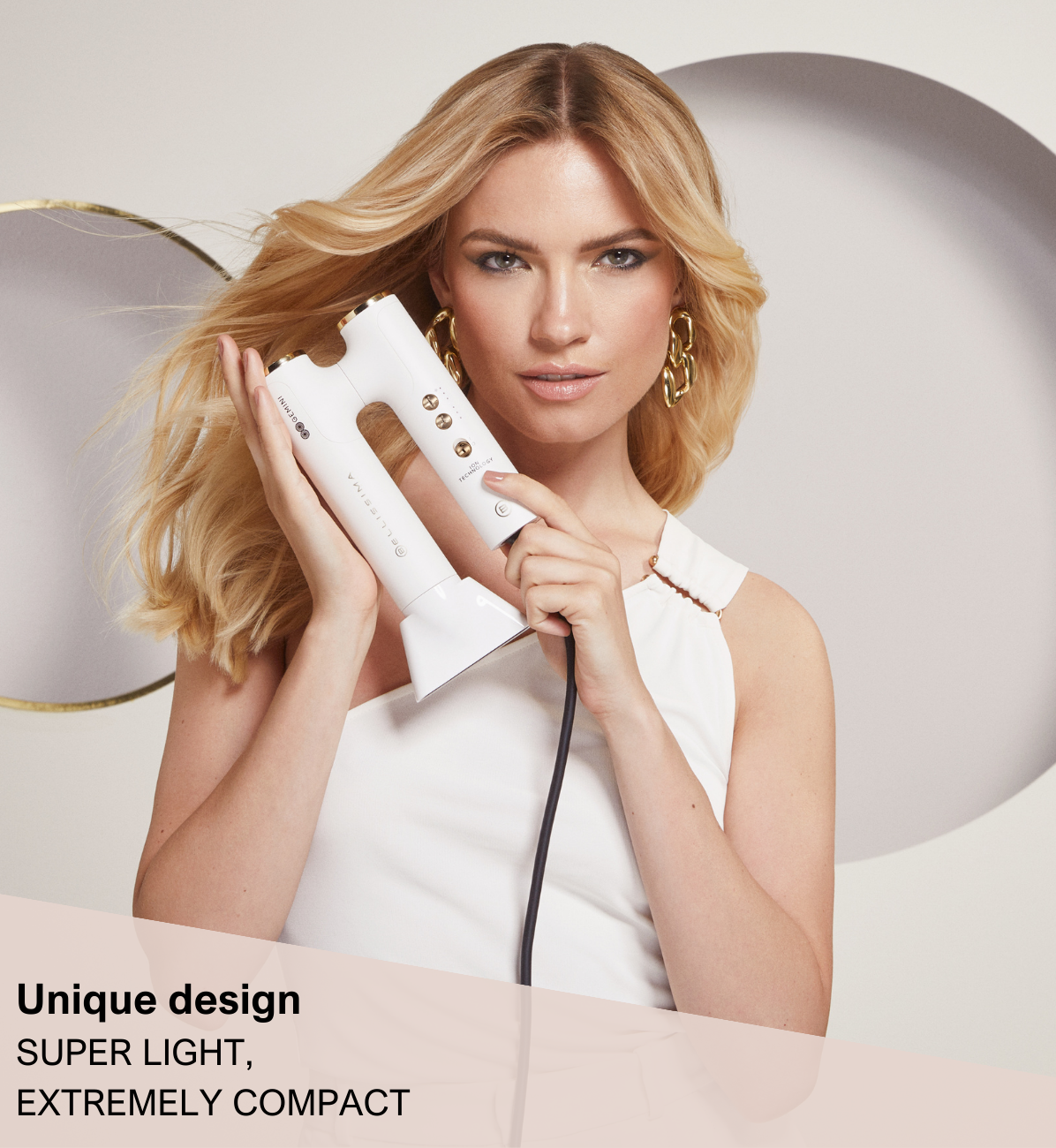 Bellissima Italia Gemini hair dryer with a unique design caption