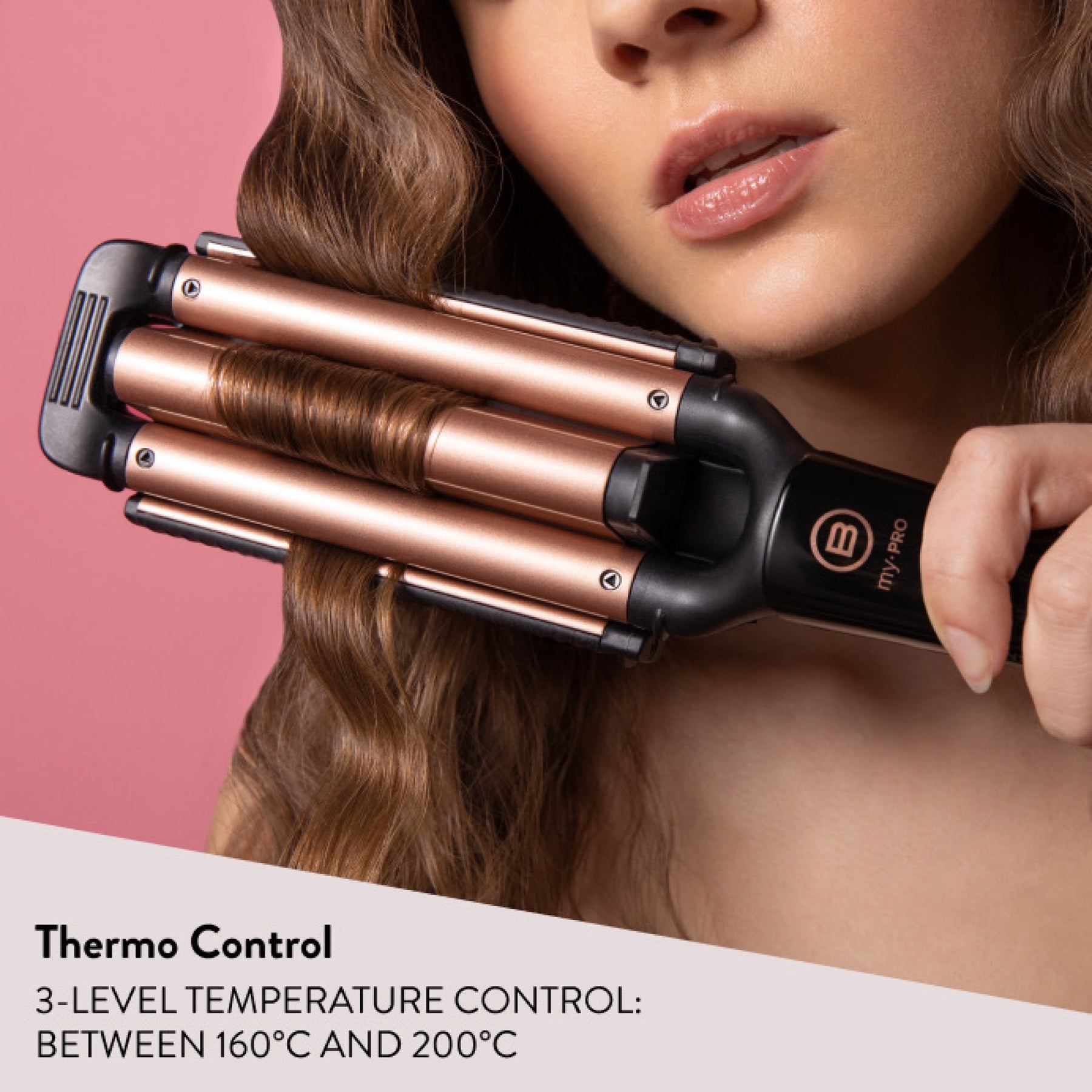 Beach Waves Curler being used with a thermo control caption