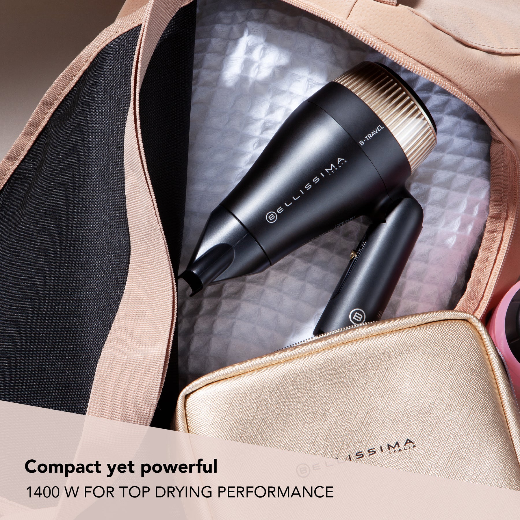 B Travel Hair Dryer in a bag with compact yet powerful caption