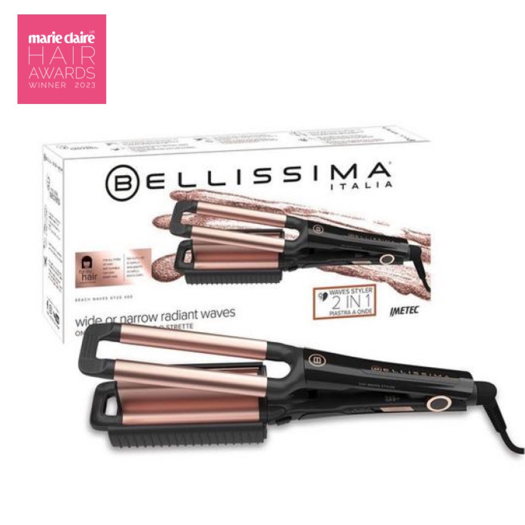 Image of the Bellissima Beach Waves 2 in 1 Curler box with Marie Claire Award Winner 2023