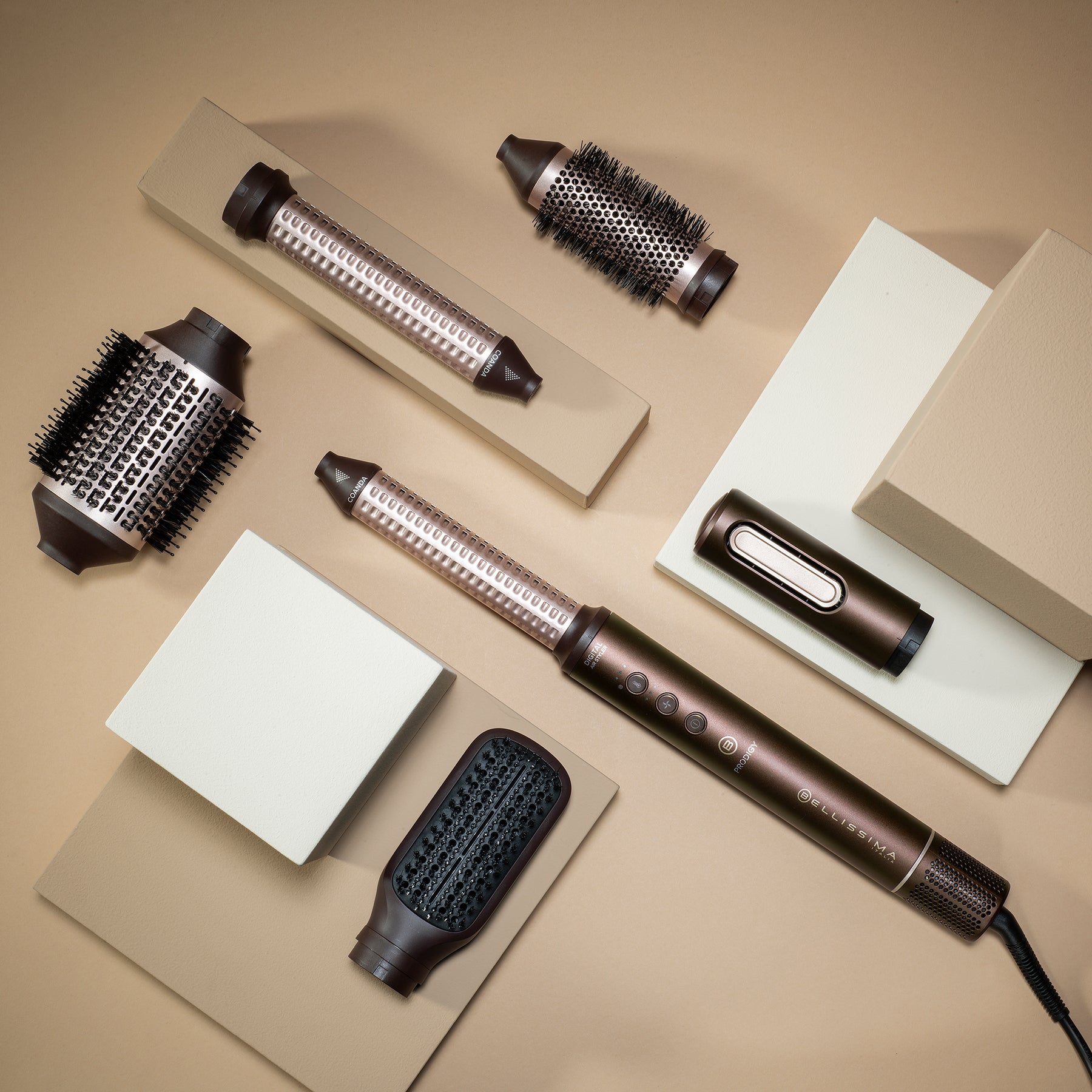 flat lay image of the Bellissima Italia Prodigy Air Styler with accessories