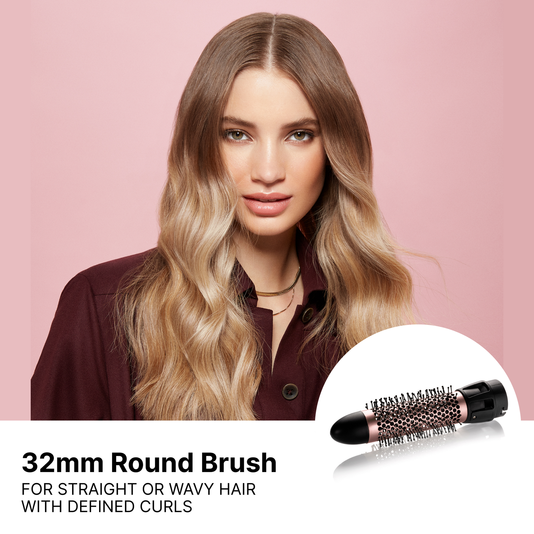 Image of model highlighting the Ceramic 32mm Round Brush accessory